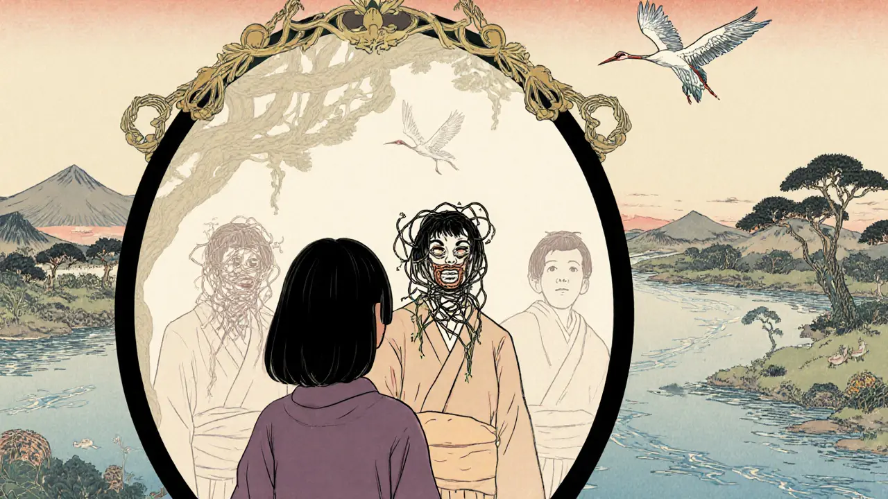 Člověk se dívá do zrcadla, kde se jeho tři verze odrazují podle frekvence terapie.