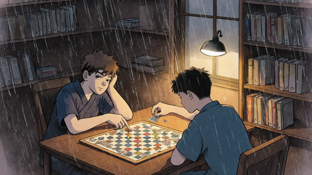 Dva teenagery hrají společně desku v knihovně, jeden s klidným výrazem.