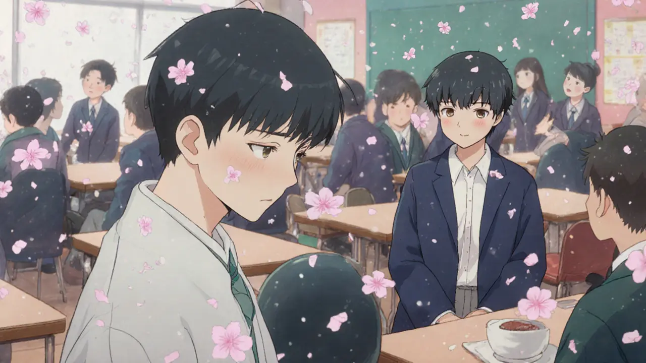 Jeden chlapec stojí osaměle v jídelně, druhý ho pozoruje z dálky.