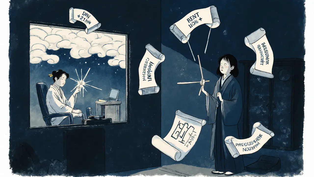 Terapeut v noci, jeho odraz ukazuje, že i on prochází terapií, kolem něj plavou finanční účty.