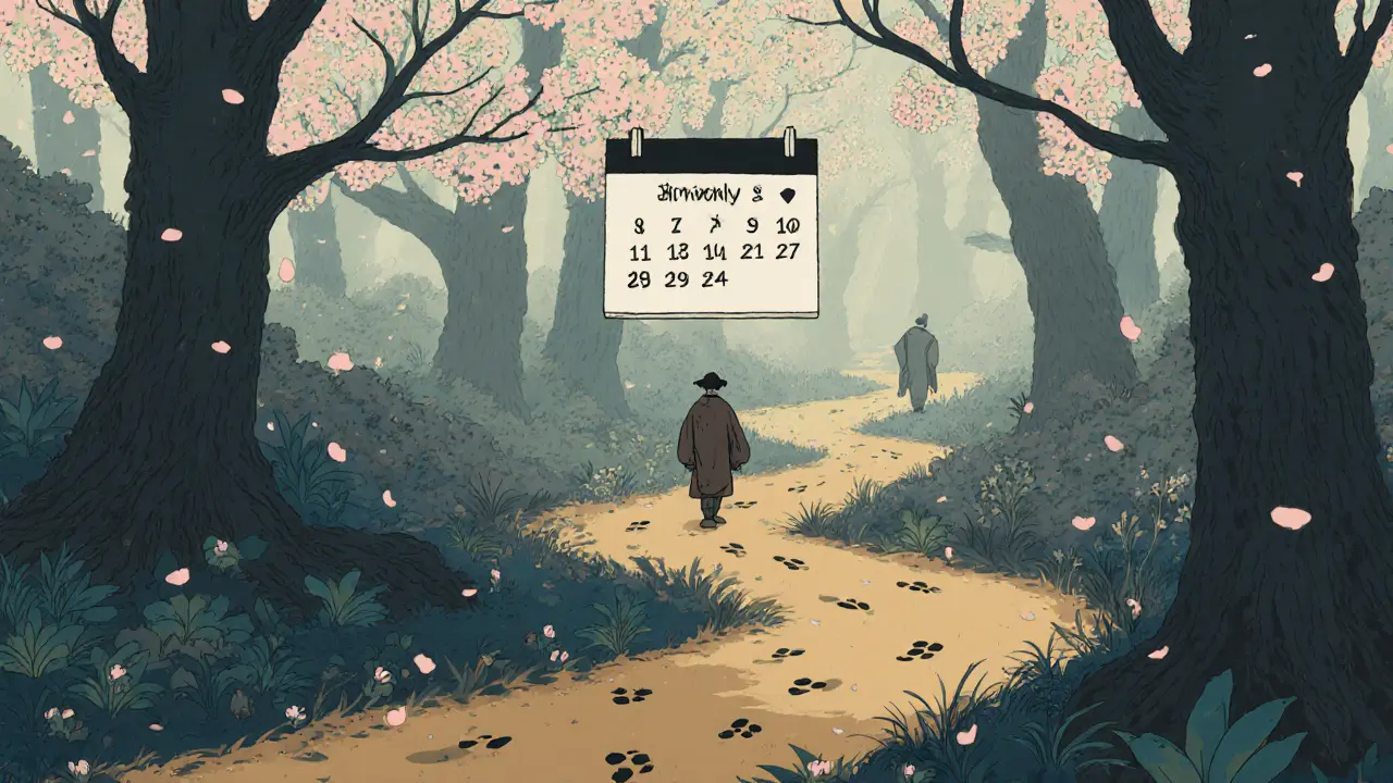 Tři cesty terapie znázorněny jako cesty lesem s různou intenzitou světla a růstem.