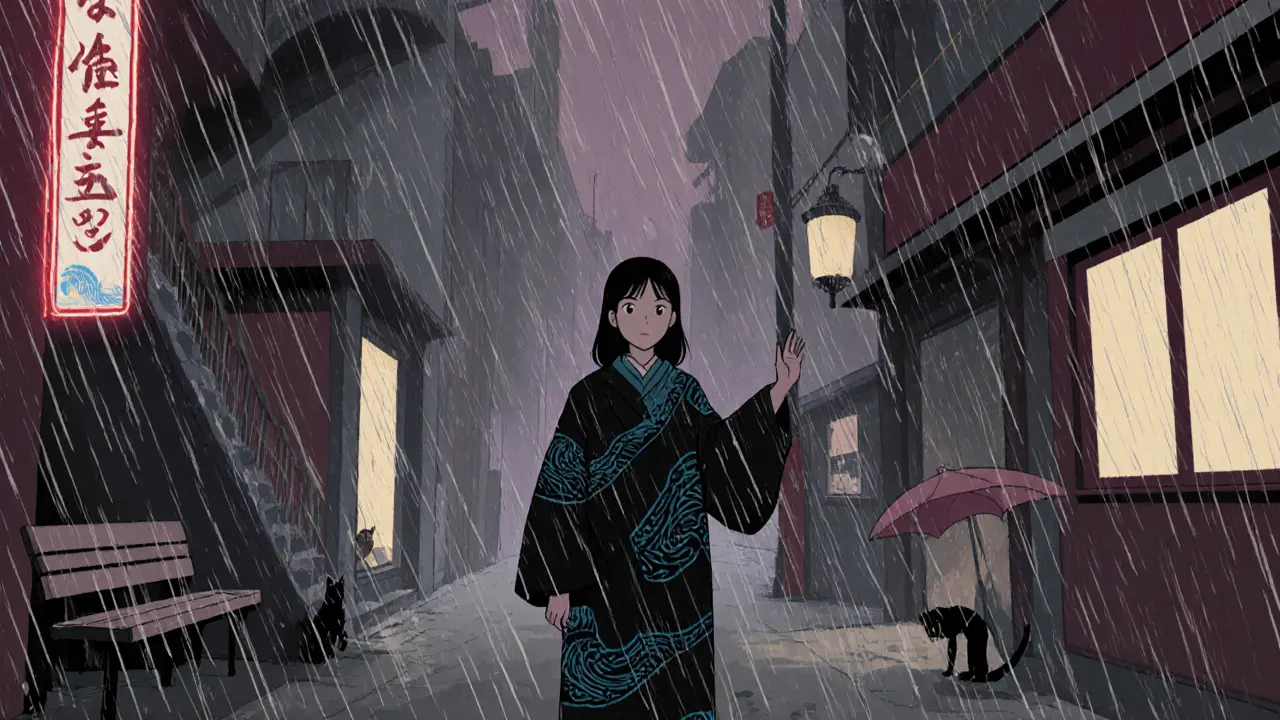 Mladá žena v dešti počítá věci kolem sebe, tvář má klidnou, kolem ní jsou jemné vlny deště.