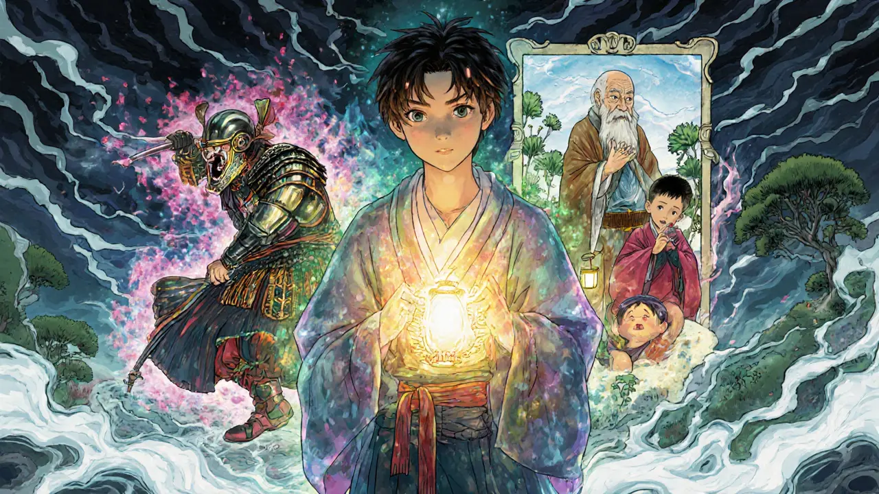 Osoba v klidu uprostřed bouře, z jejího těla vystupují různé vnitřní části jako průhledné duchy.