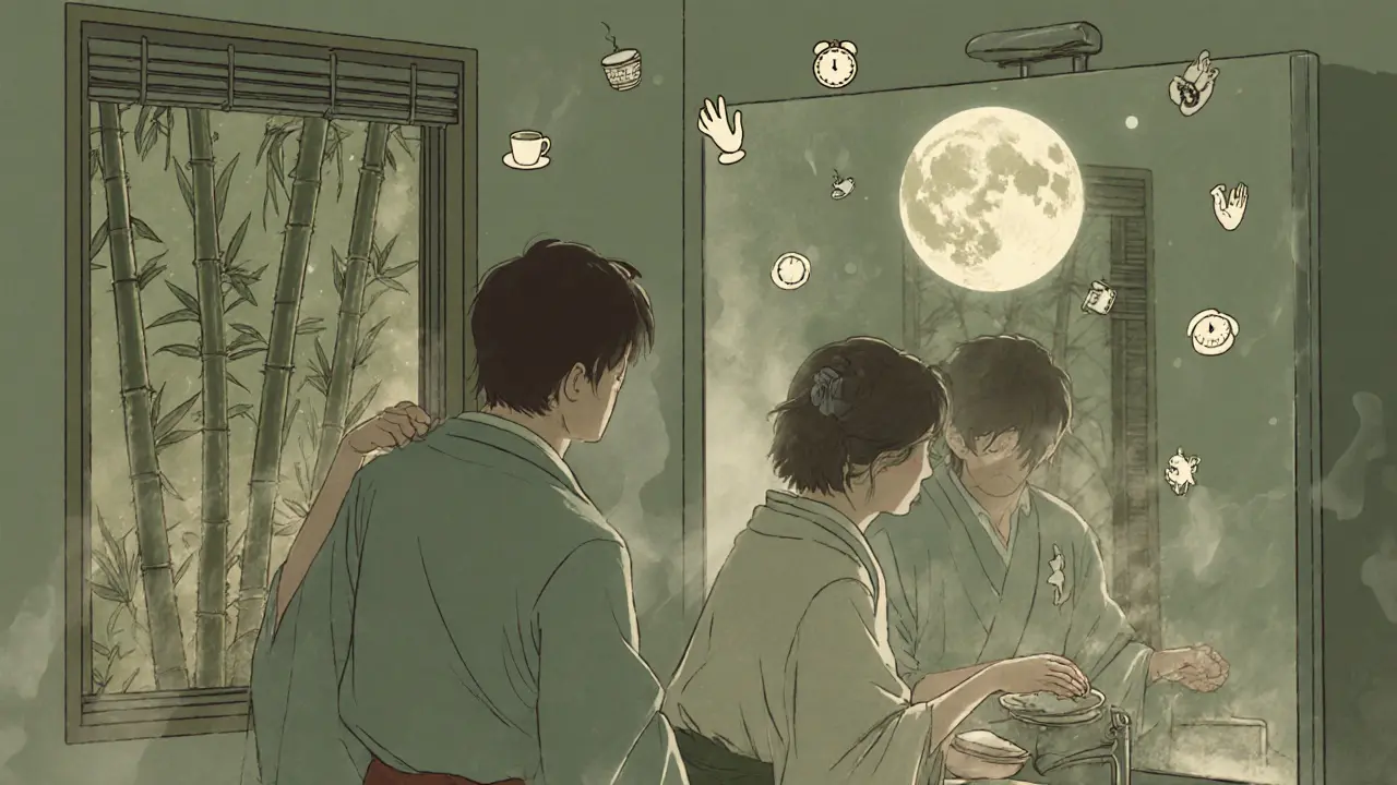 Pár se dotýká v koupelně, zatímco se myje nádobí, symbolizující malé okamžiky blízkosti.