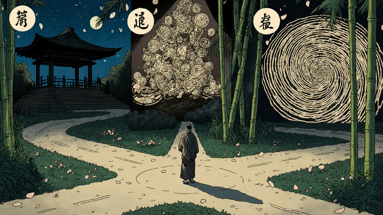 Postava na křižovatce s třemi cestami, každá reprezentující klastr A, B nebo C.