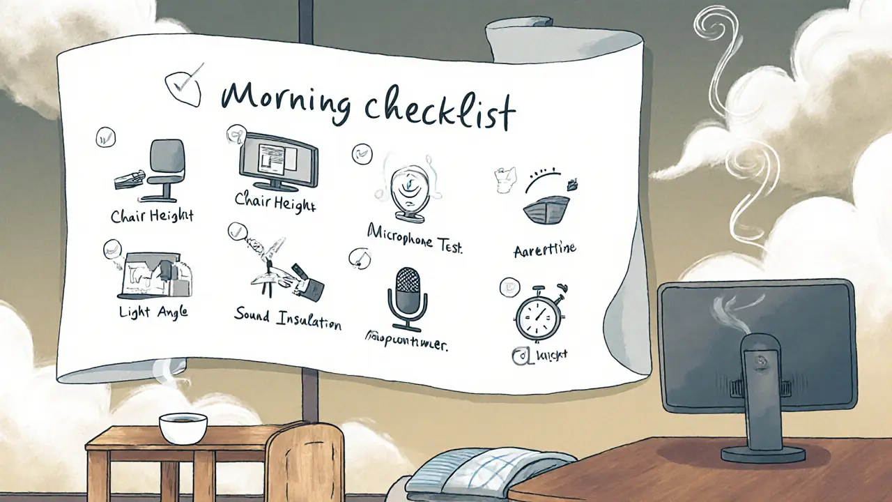 Ranní kontrolní seznam terapeuta jako výkres na svitku s ikonami ergonomie a pohybu.