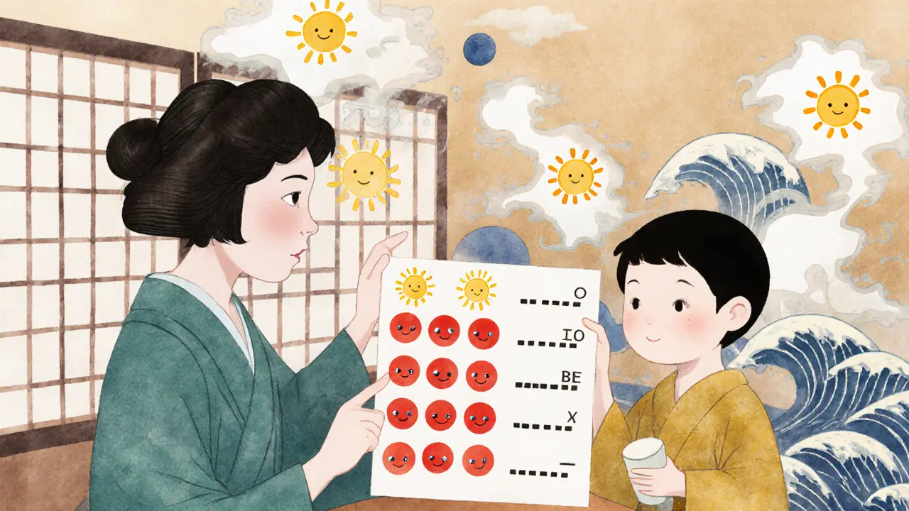 Terapeut a dítě používají barevnou tabulku pro sledování tiků místo textu.