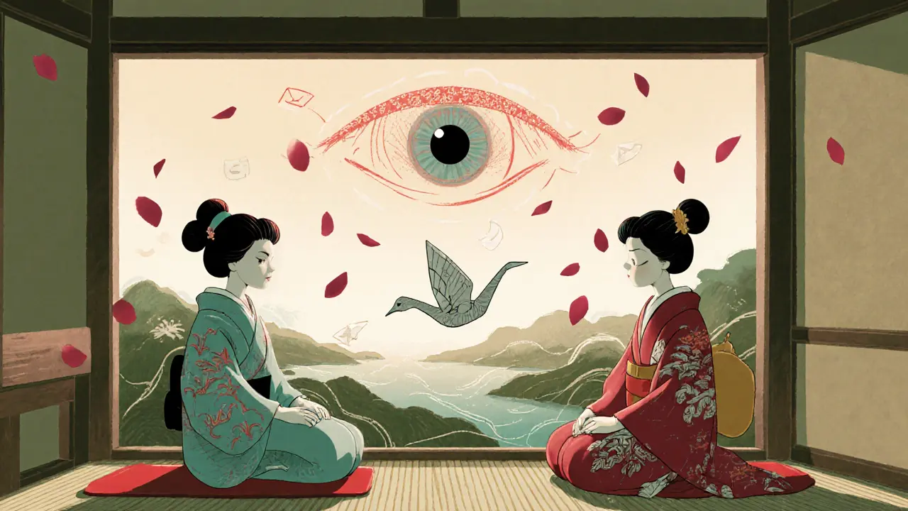 Terapeut a klient jsou spojeni digitálními proudy v tradičním prostředí.