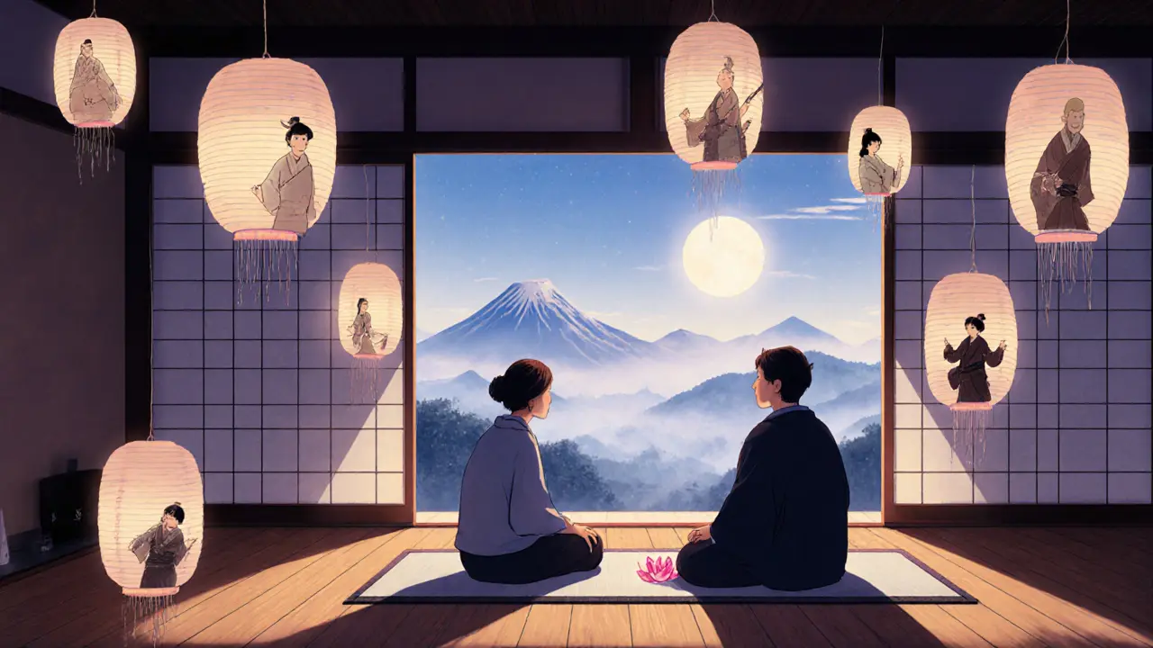 Terapeut a klient v japonské čajové místnosti, nad nimi se objevují vnitřní části jako jemné kresby.