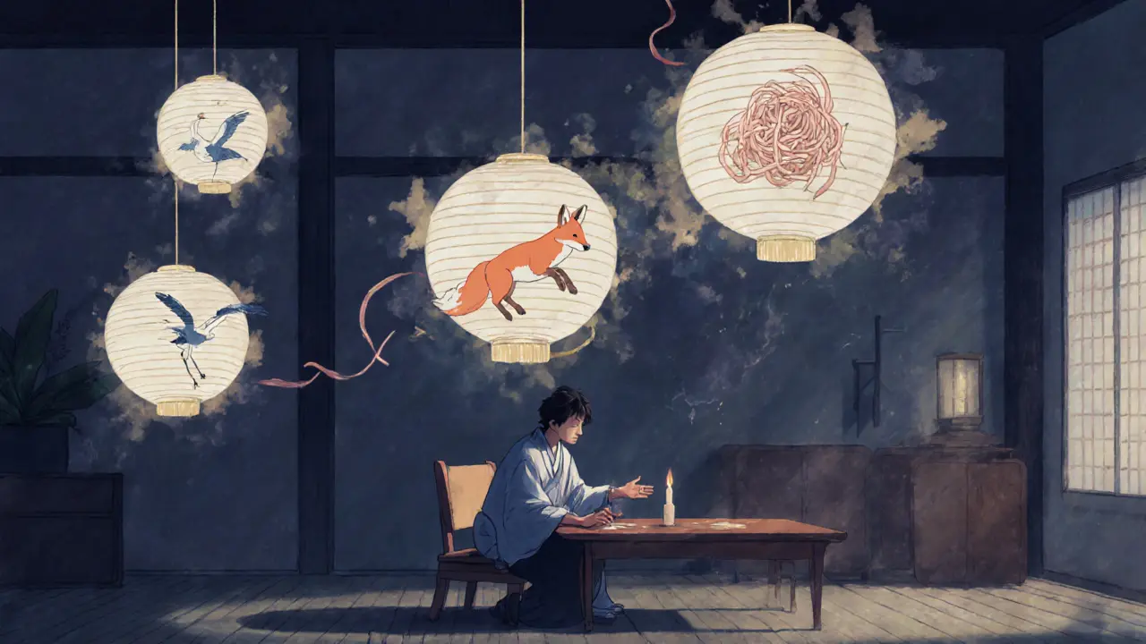 Terapeut a pacient s průhlednými symboly klastrů jako papírovými lampiony.