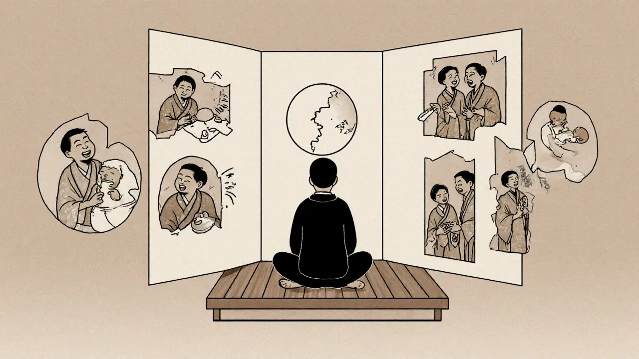 Terapeut mezi manžely za průhlednou obrazovkou s obrazem jejich minulosti a současnosti.