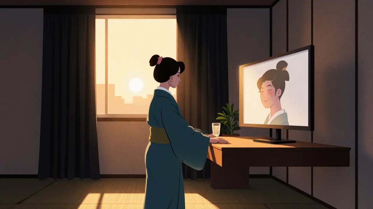 Terapeut stojí během online sezení, světlo z okna osvětluje jeho tvář, za ním akustické panely.