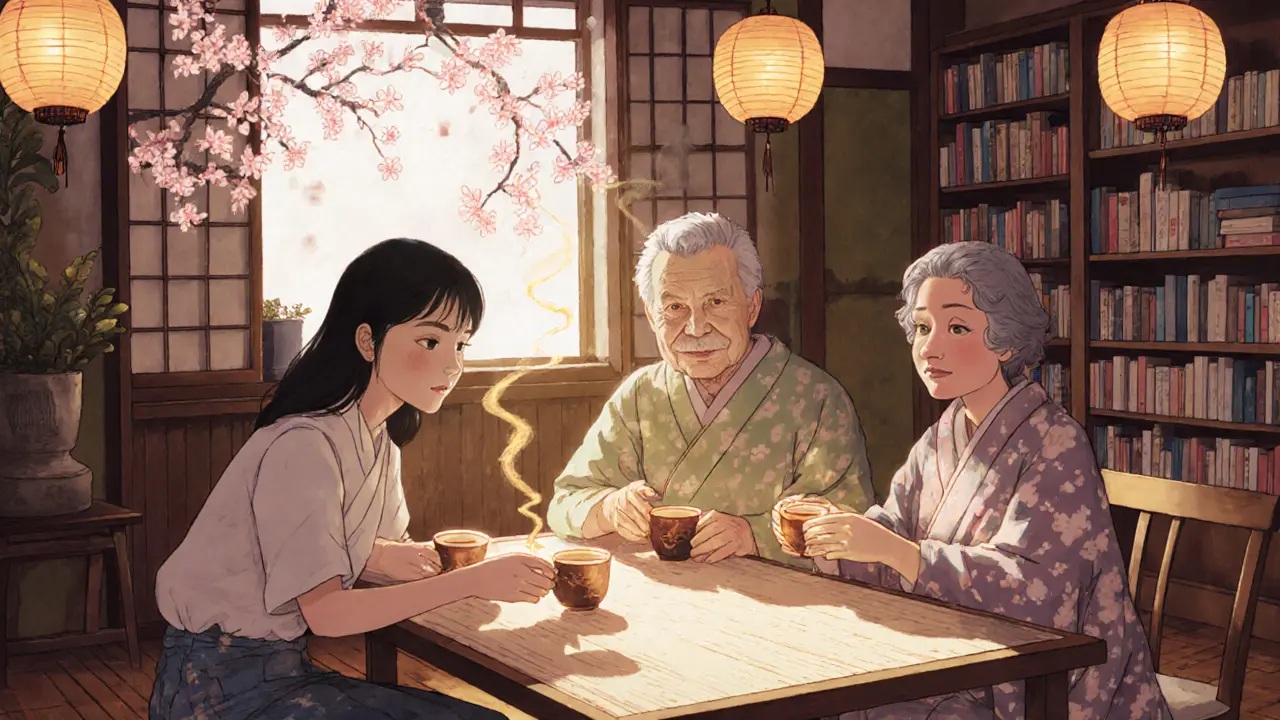 Tři generace se setkávají v klidné skupině, drží čajové šálky, zlaté světlo je spojuje.