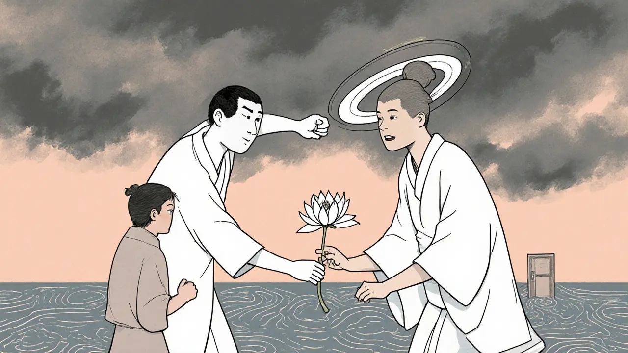 Dva lidé v cyklu konfliktu, terapeut mezi nimi klade květ, který představuje přerušení vzoru.