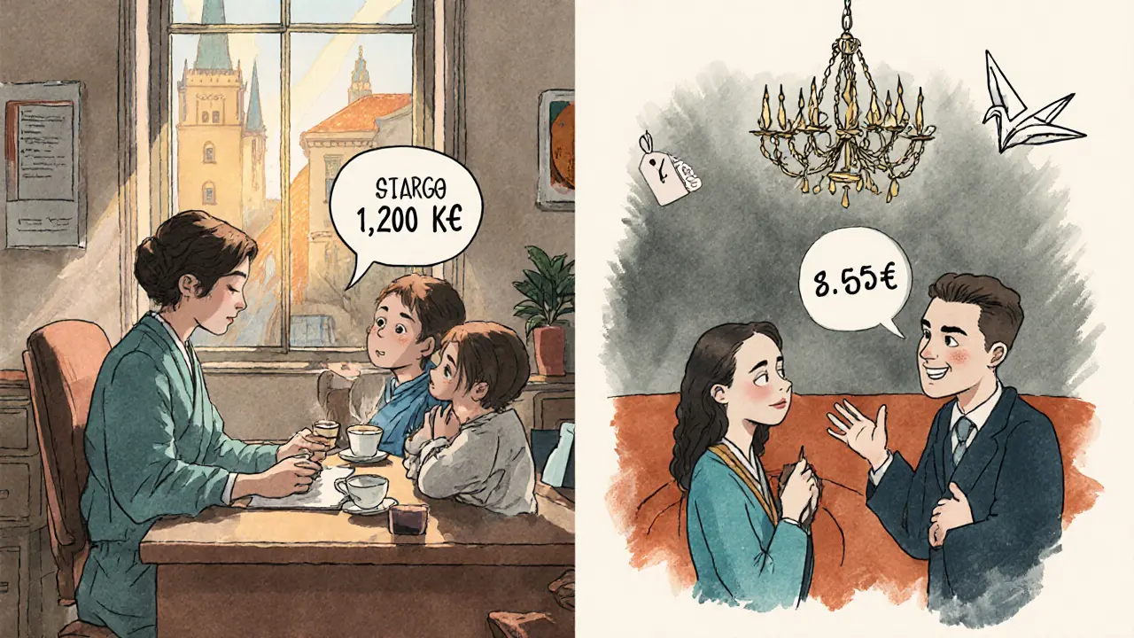 Dvě scény terapie: levná v menším městě a drahá v Praze s anglickým terapeutem.