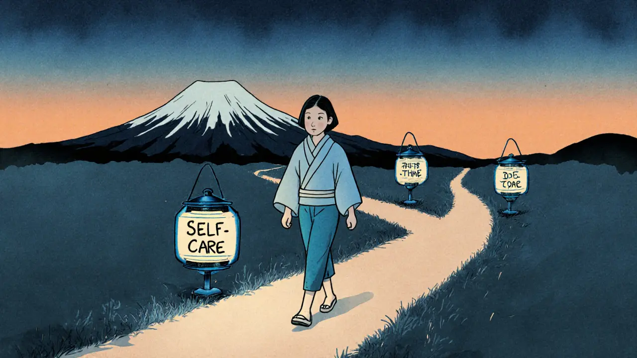 Osoba jde cestou, která se dělí na tři směry k různým odborníkům, osvětlená lampionem &#039;Sebepéče&#039;.