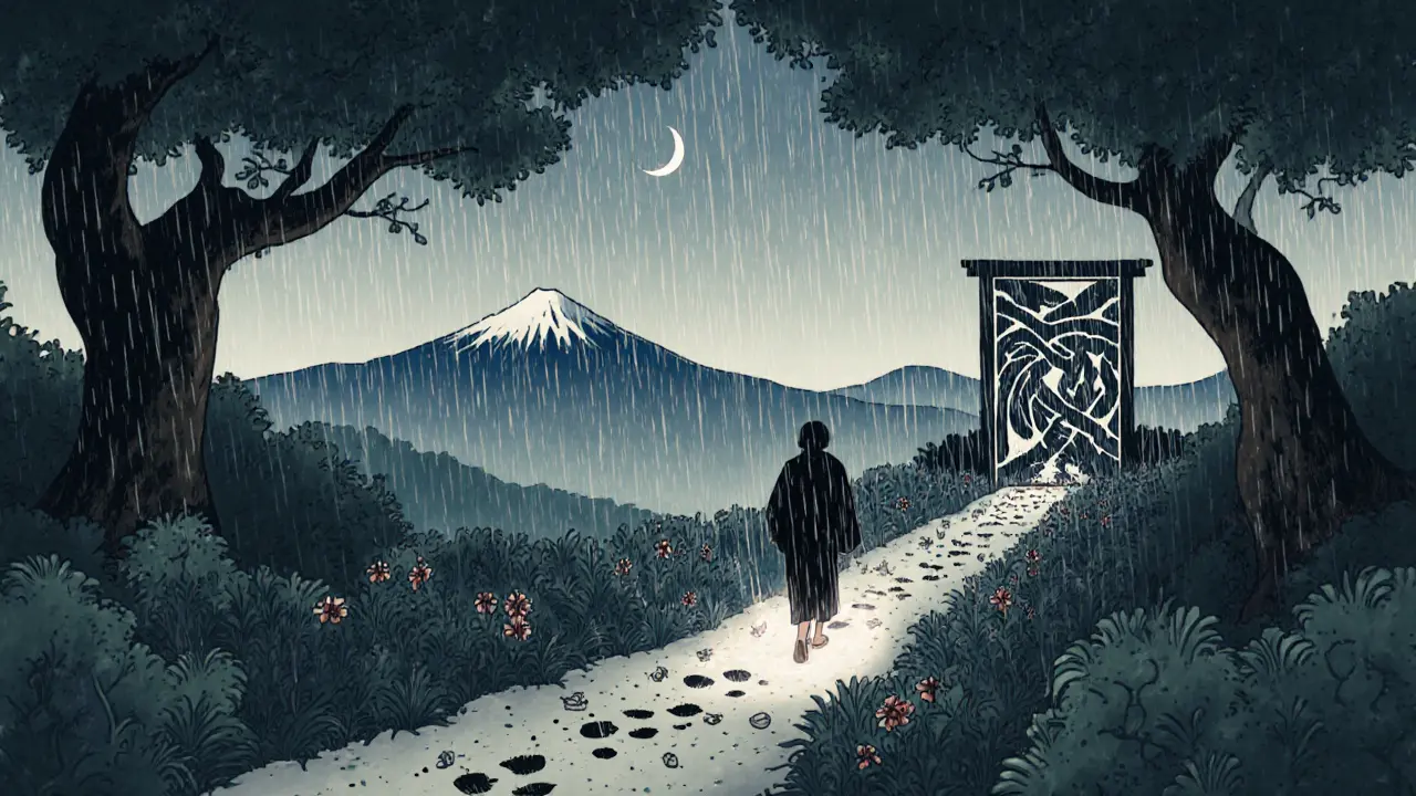 Osoba kráčí přes bouřku, každý krok mění trny na květy, za ní dveře z rukou.