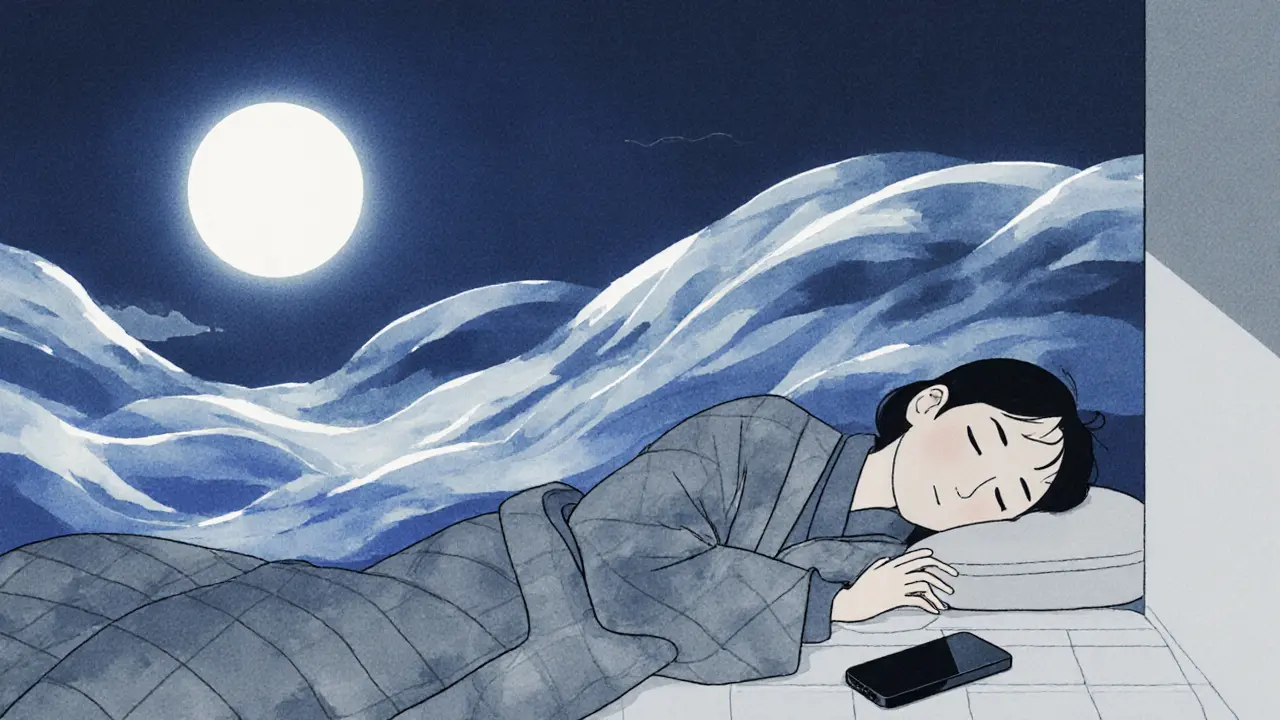 Osoba spí v klidné místnosti, kolem ní se vlní hormony, telefon je vypnutý na zemi.