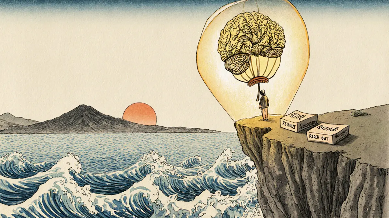 Osoba stojí na skále, nad ní se vznáší lucerna tvaru mozku, která uklidňuje bouřku.