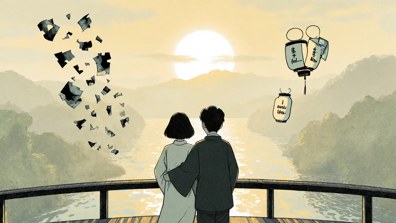 Pár na mostě v ranním světle, minulé bolesti se rozpouštějí ve vodě, vpředu svítí lampiony.