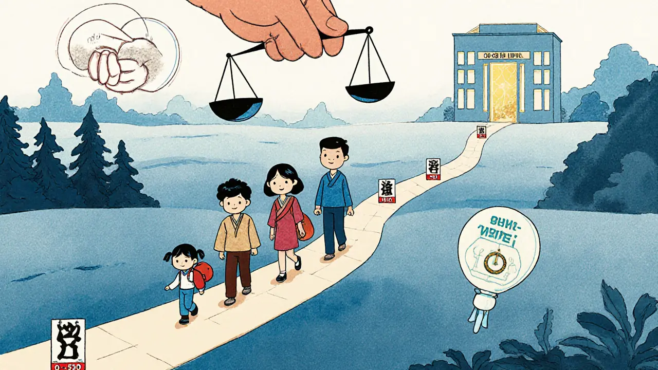 Rodina jde cestou s cenami a časy, v pozadí svítí přístupné centrum a pojišťovka.