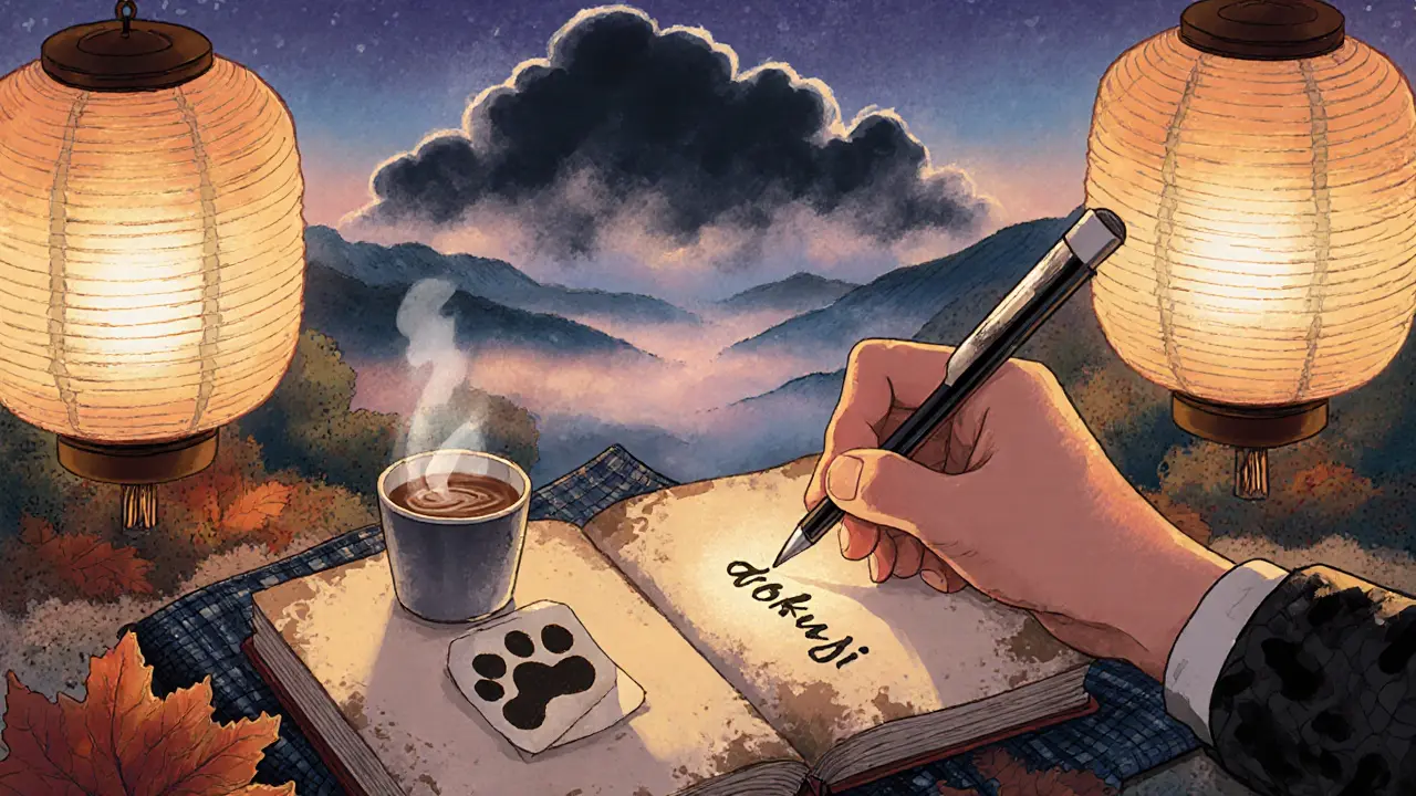 Ruka zapisuje tři malé věci do sešitu, zatímco bouře zmizí v mlze.