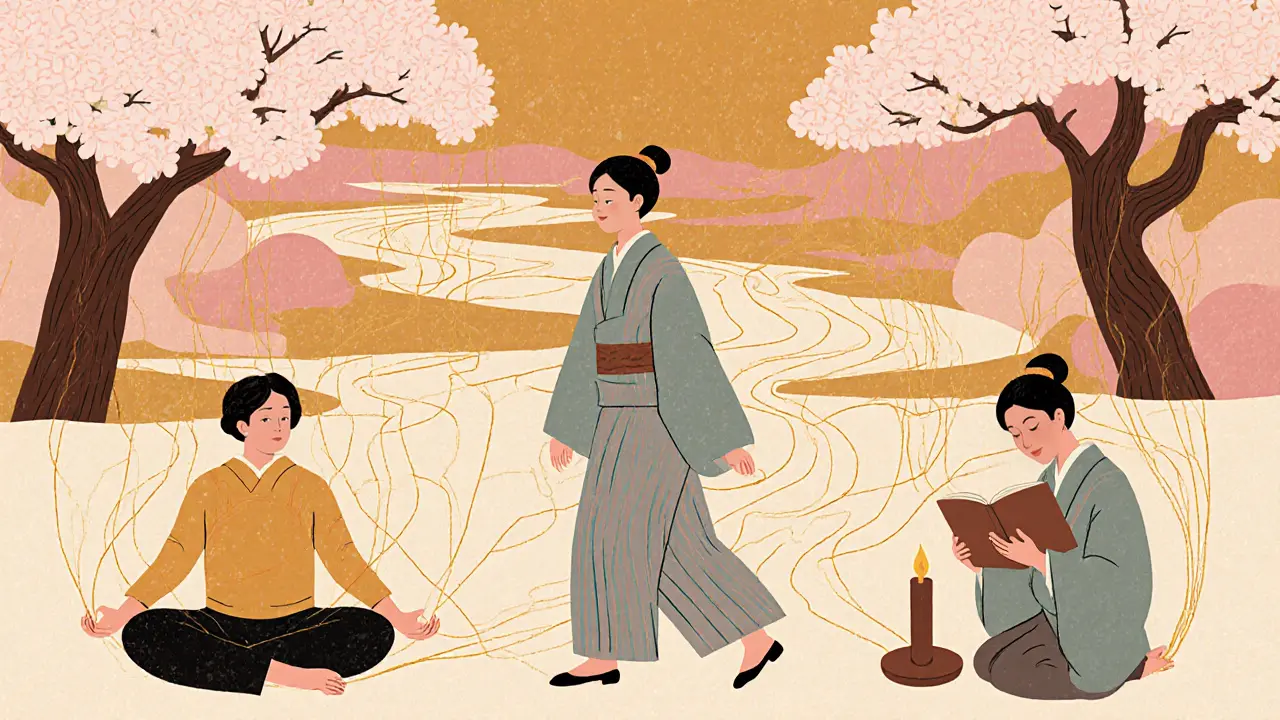 Skupina lidí cvičí a uklidňuje se, propojení mezi nimi představují nové nervové spojení.