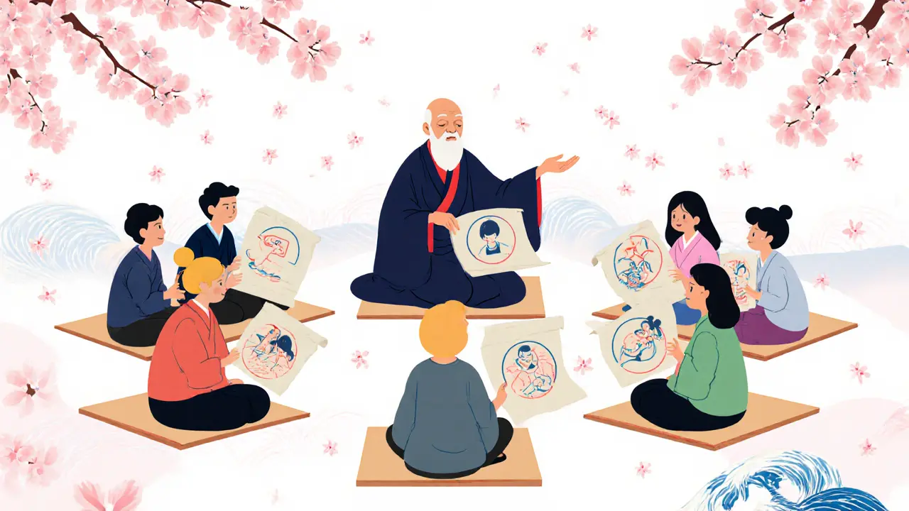 Skupina lidí sedí v kruhu a drží svitky s symboly podpory a léčby.