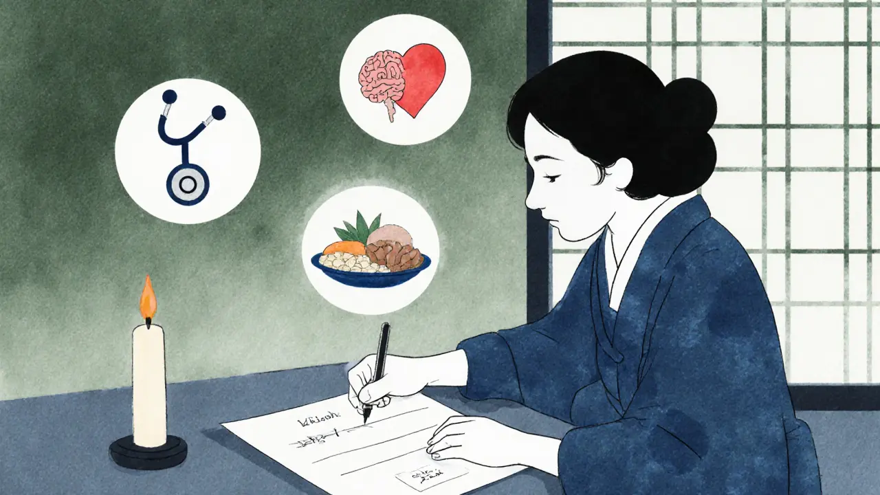 Terapeut píše doporučení na rýsovacím papíře, nad ním jsou ikony lékařské pomoci.