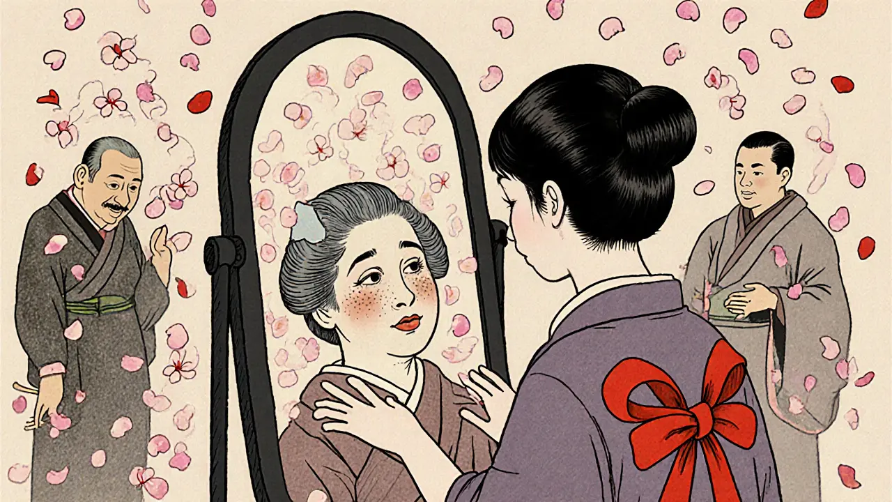 Žena se dívá do zrcadla, kde vidí svou babičku, zatímco předkové mizí v padajících květech.