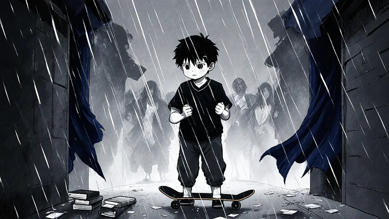 Chlapec stojí v dešti s rozbitým skateboardem, kolem něj se rozplývají stíny rodiny a přátel.