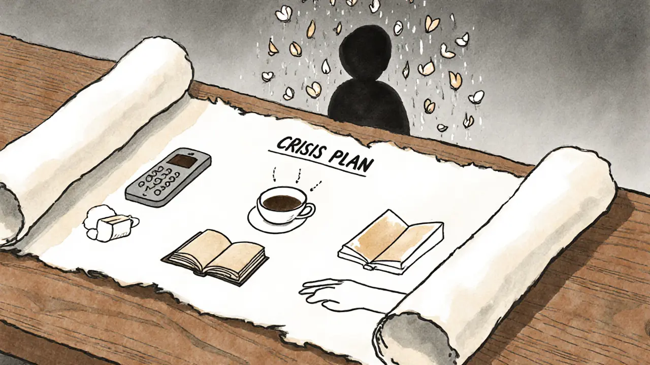 Crisis plan scroll with illustrated steps: phone, coffee, book, walk, reaching hand.