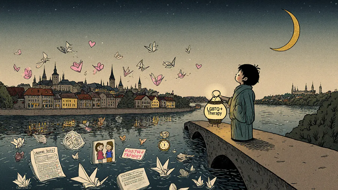 Jedna osoba drží světlo terapie, zatímco kolem ní plave odraz společenských překážek.