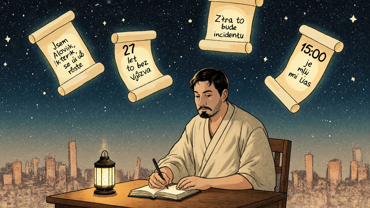 Muž píše do deníku, nad ním se objevují přepsané myšlenky v podobě svítících svitků.