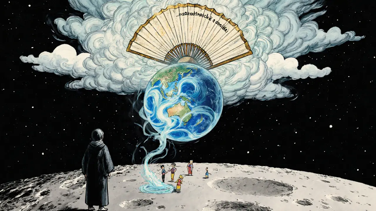 Postava na Měsíci se dívá na malou Zemi, kde lidé jsou uvězněni ve vichřicích starých myšlenek.