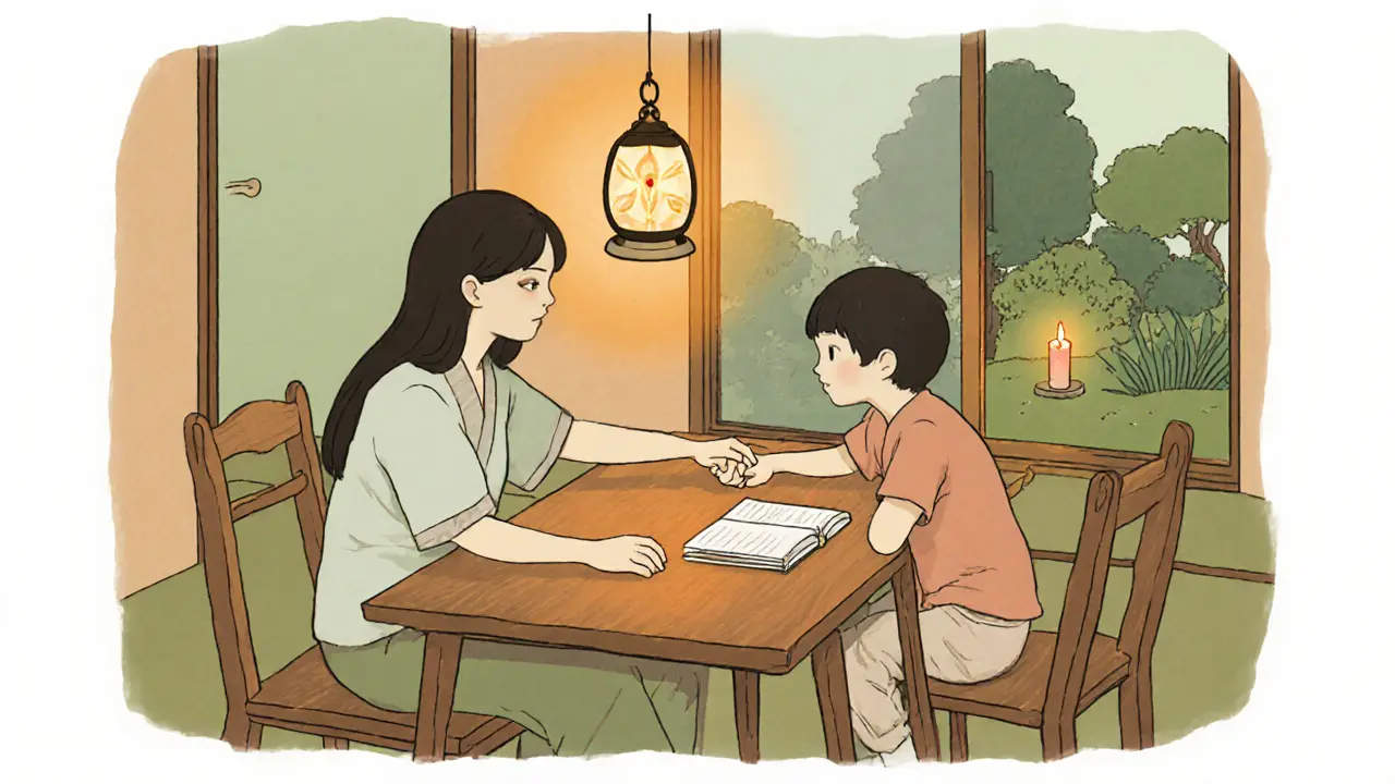 Rodina sedí u stolu, matka drží ruku dítěte, světlo lampionu osvětluje jejich spojení.