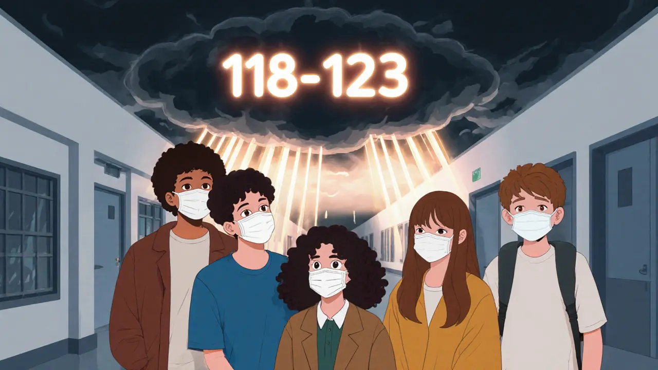 Skupina teenů v škole s průhlednými maskami, za nimi se objevuje telefonní číslo.