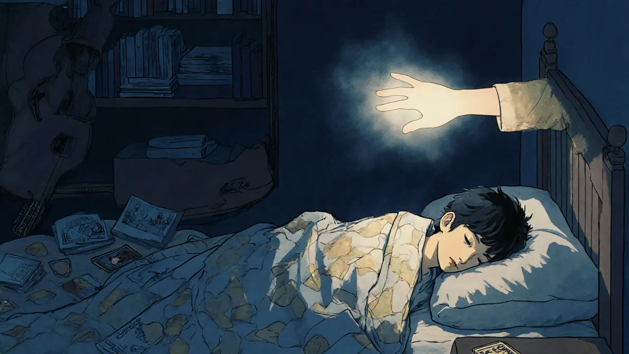 Teen v posteli v noci, okolo něj roztroušené věci, ruka zvenčí se blíží.