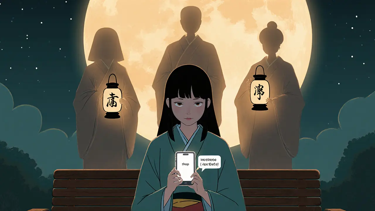 Woman with phone at night, ghostly supporters behind her holding numbered lanterns.