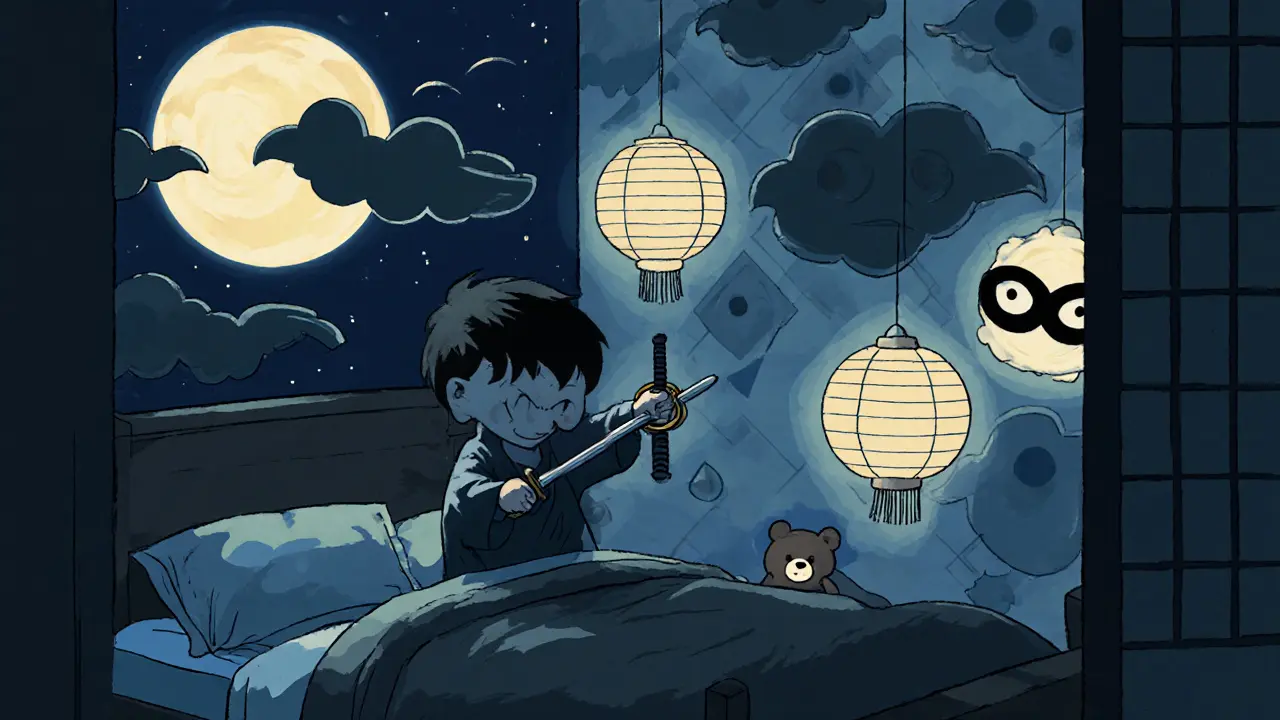 Chlapec brání své postele od stínů strachu v měsíčním světle s japonskými lanternavmi.