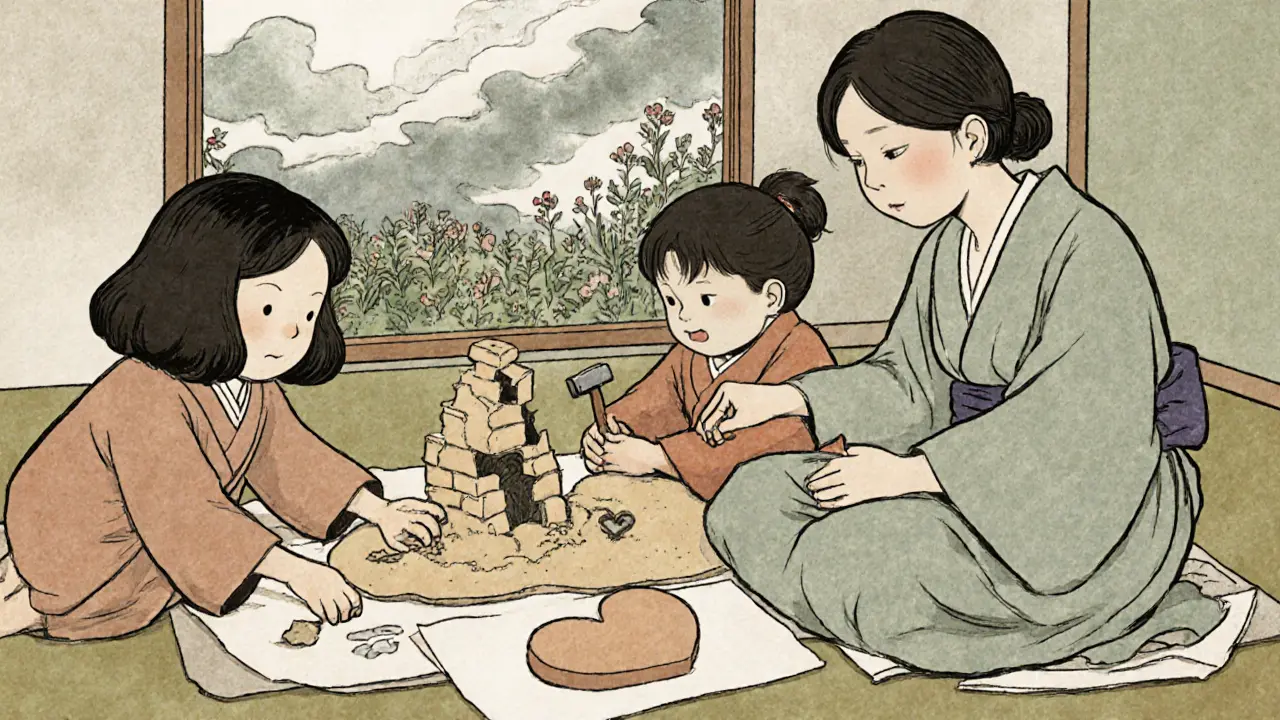 Děti ve hříčce pracují s pískem, barvami a hračkami, zatímco terapeut sedí tichý pozorovatel.