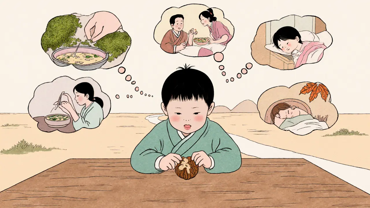 Dítě pozoruje, jak rozbíjí oříšek, kolem něj plavou obrázky každodenních přítomných chvílí v jemných barvách.