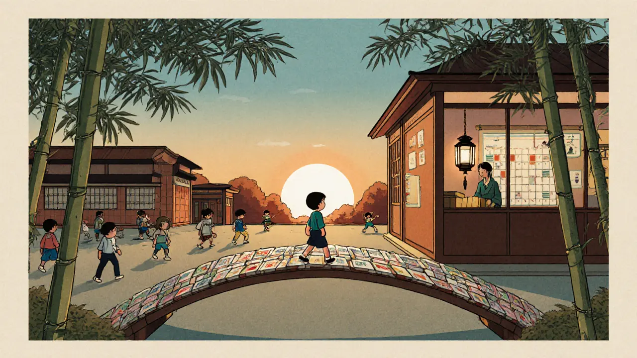 Dítě přechází mezi běžnou školou a speciální třídou přes most z vizuálních pomůcek.