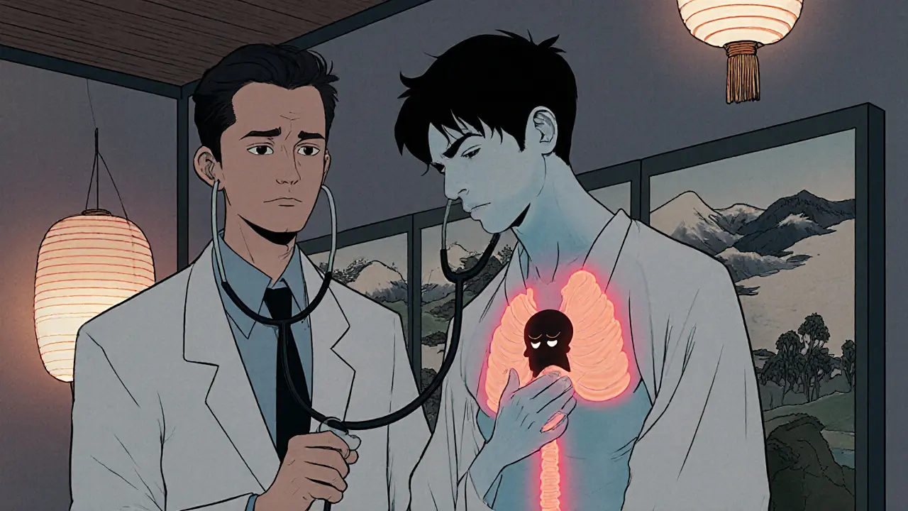 Lékař vyšetřuje pacienta, jehož tělo je plné bolestí, z jeho hrudi se vynořuje tvář smutku.