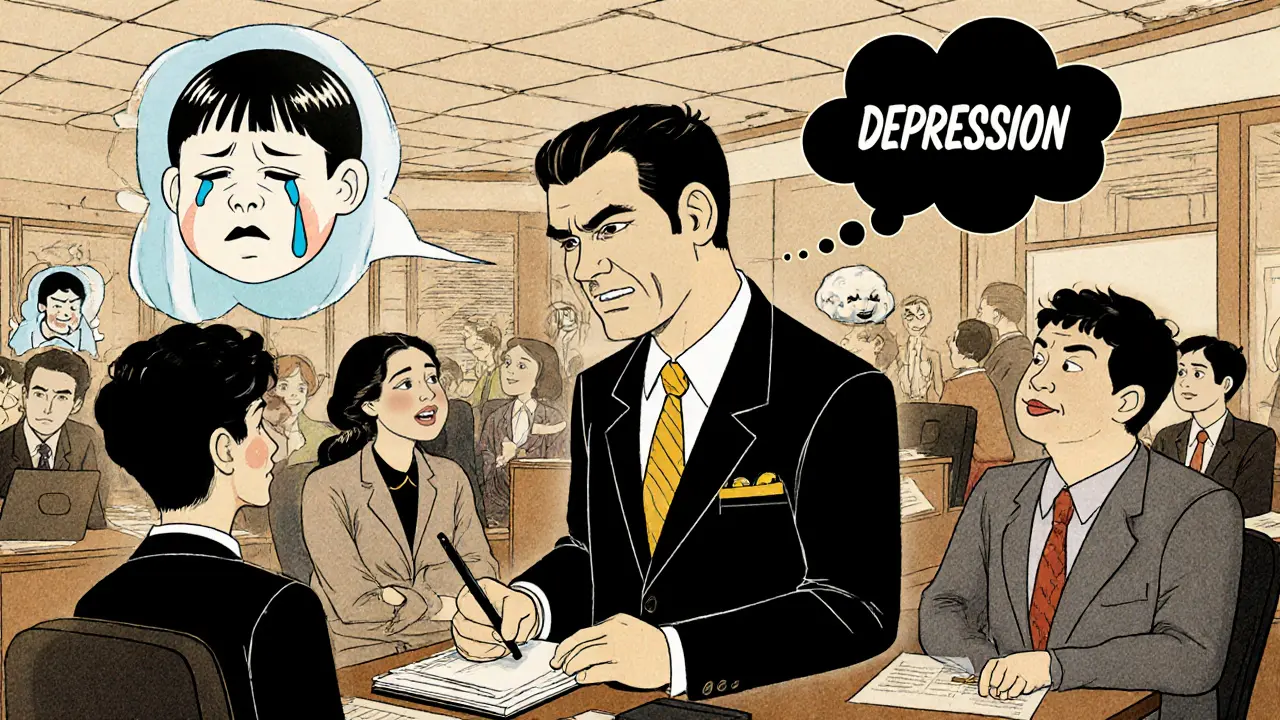 Muž v obleku se rozzlobil v kanceláři, kolem něj plavou duše skryté deprese.