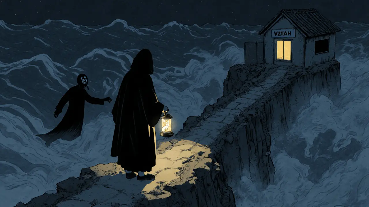 Osamělá osoba stojí na skále s lampionem, odchází od zničeného vztahu v temné noční krajině.