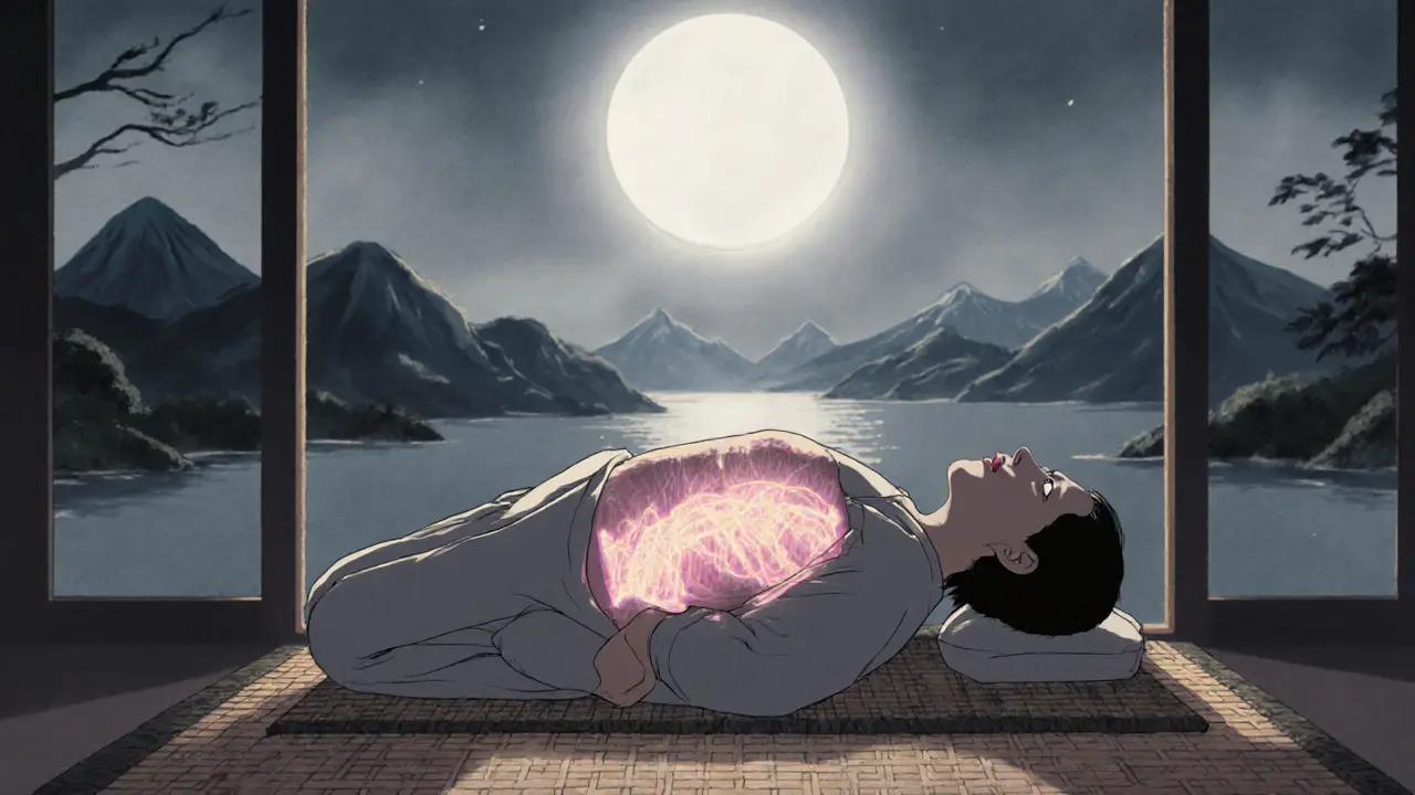 Osoba leží na podlaze, tělo se uvolňuje pod vlivem gravitace, jemné vlákna pod kůží září jemným světlem.