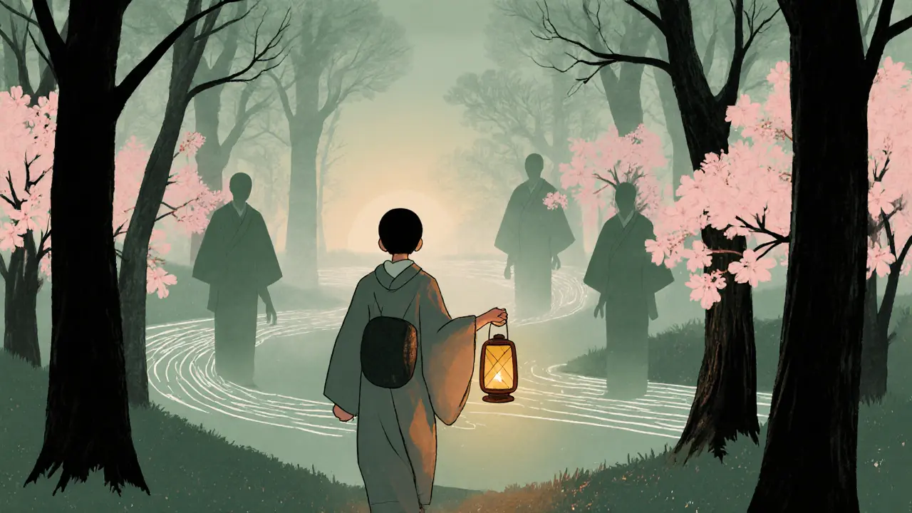 Osoba prochází lesem, kde děsivé stíny mizí v květech.