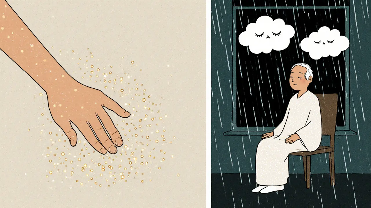 Pohyb ruky z klena na bok, okolo něj plují jiskřičky, symbolizující vědomé vnímání těla.