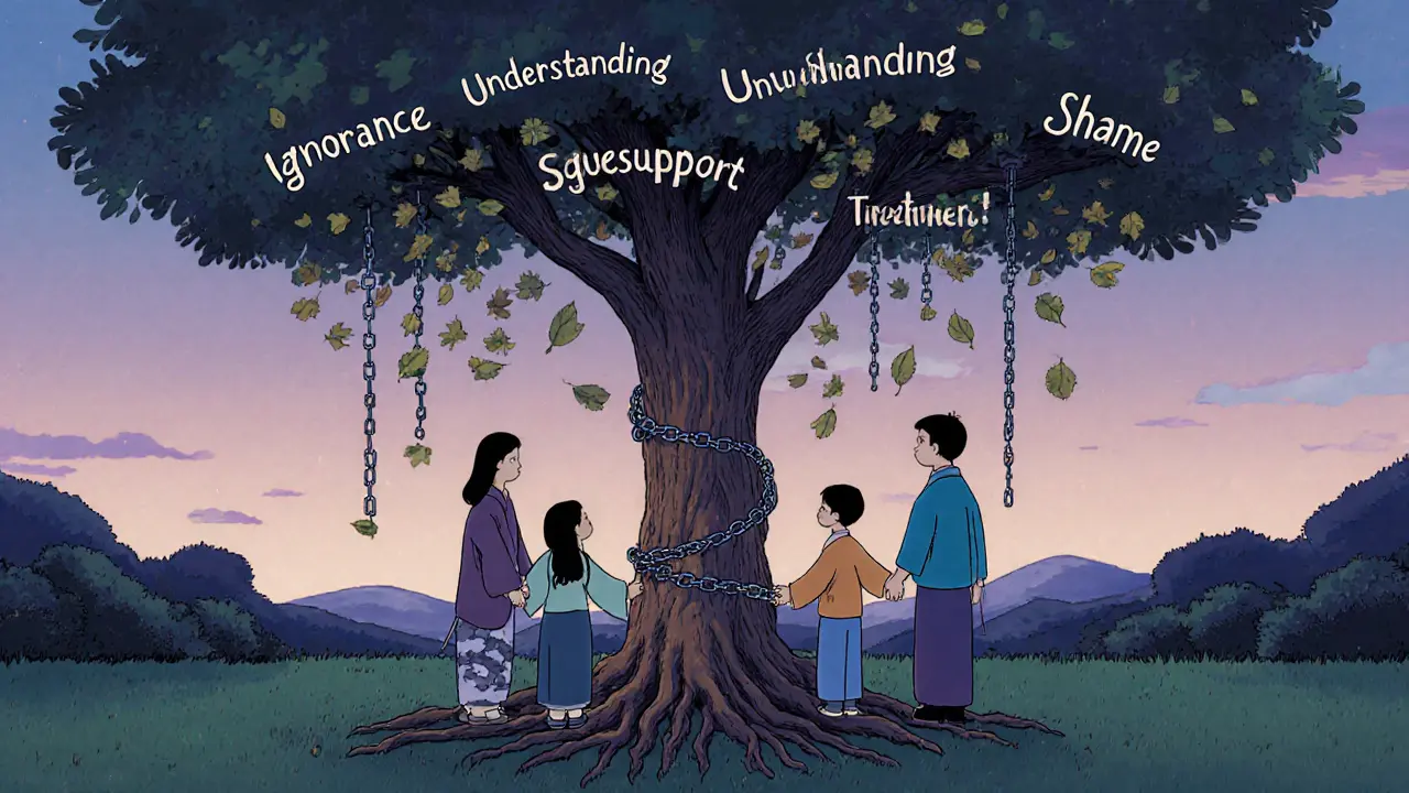 Rodina v zahradě drží ruce kolem stromu, jehož kořeny se mění z řetězů na slova porozumění a podpory.